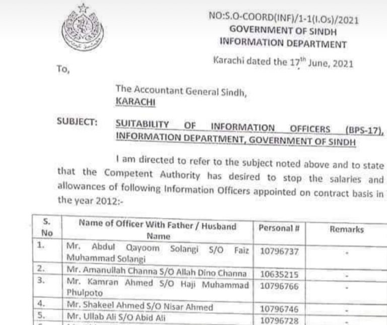 Sindh govt. stops salaries of its 38 Information Officers