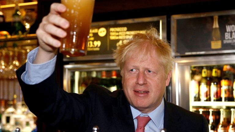 Boris Johnson holding can of beer at lockdown birthday party