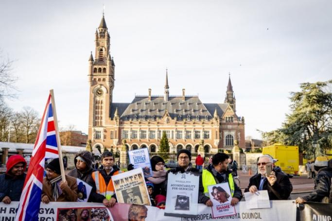 Protestors voice support for victims of Myanmar military violence at Hague hearing