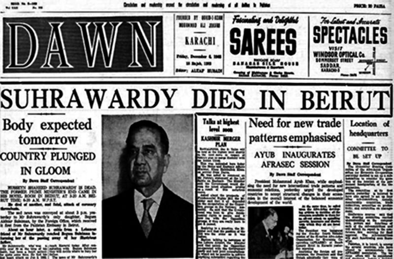 Dawn reports demise of Hussain Shaheed Suhrawardy in Beirut