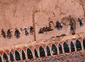 Paintings of Rai Dyach on the left and Laila and Majnun on the right in the tomb of Rehan Khan Jamali