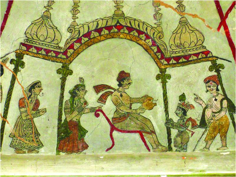 King Bali offering water as a vow to donate his kingdom to dwarf Vamana