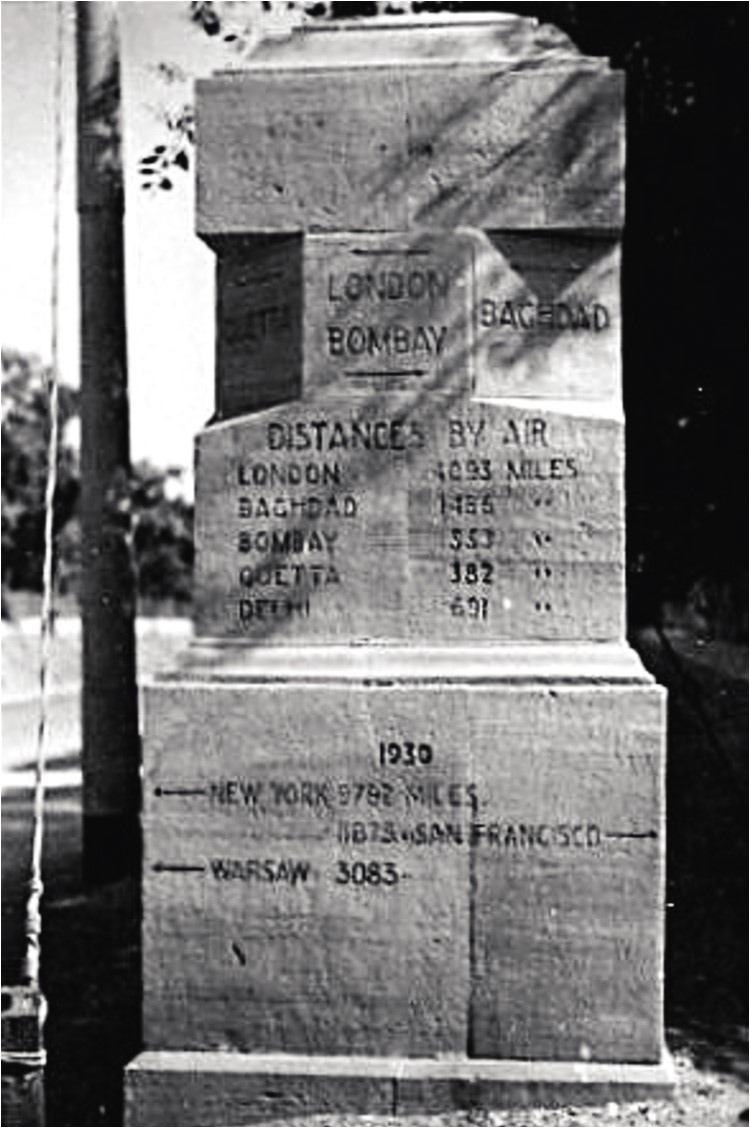 Stone marker erected in Malir on which were inscribed the distances to various cities – New York at 9,782 miles and San Francisco at 11,875 miles