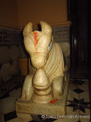 The white marble statue of Nandi, the god Shiva's sacred bull