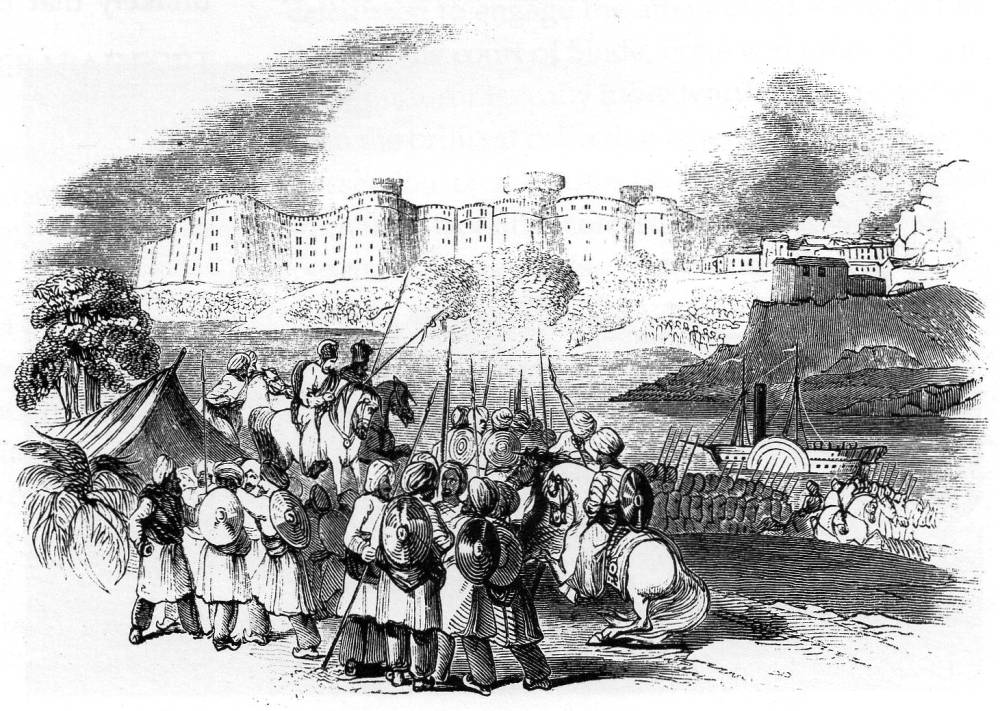 Left - The Fort at Hyderabad in 1843 showing the steamer Planet - Right - Taking soundings from a steamer on the Indus . 1876