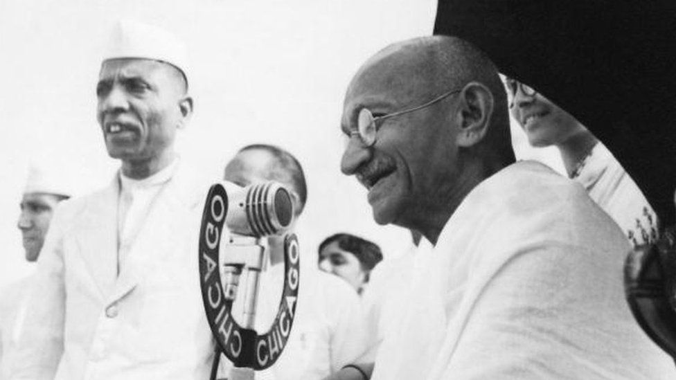 Mahatma Gandhi at a public meeting in western India in 1944