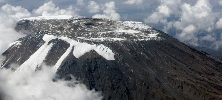 Aerial view of the dwindling ice on the summit of Mount Kilimanjaro