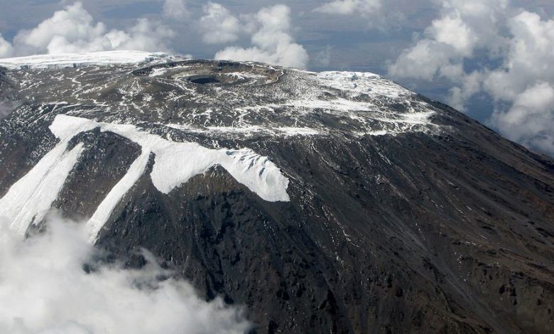 Aerial view of the dwindling ice on the summit of Mount Kilimanjaro