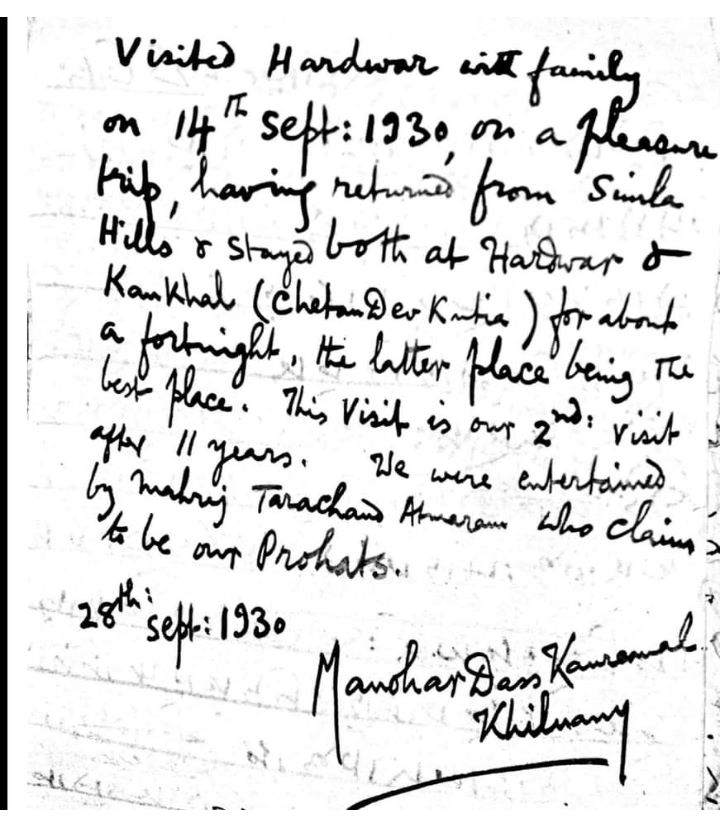 Handwritten message of Prof Manohardas sent from Hardwar