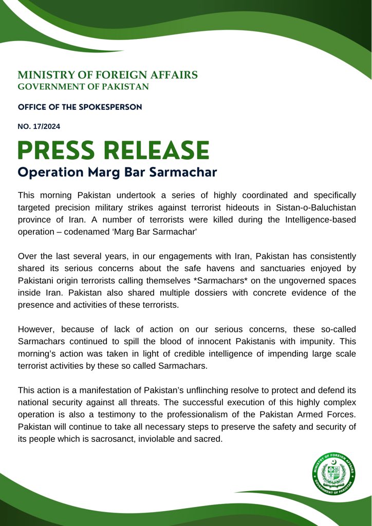 Ministry of Foreign Affairs' statement